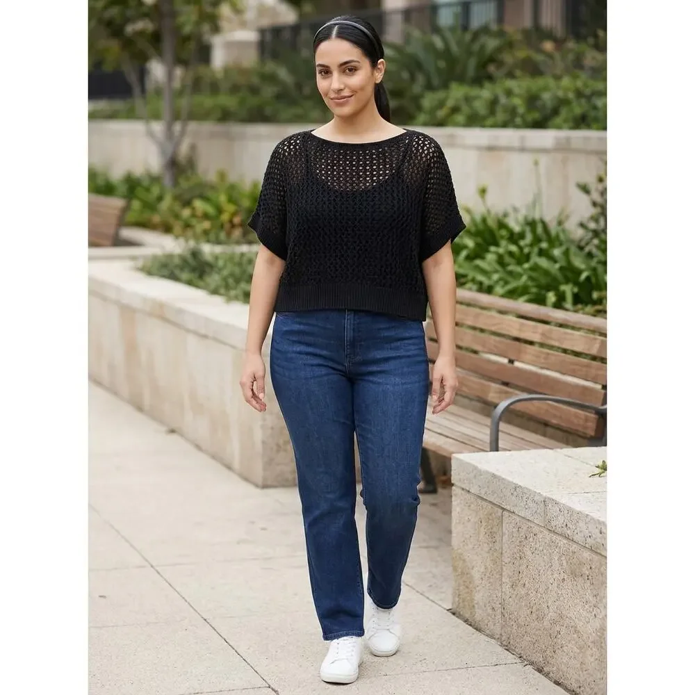 Torrid Black Crew Neck Open Knit Lightweight Sweater Women Size 00/0